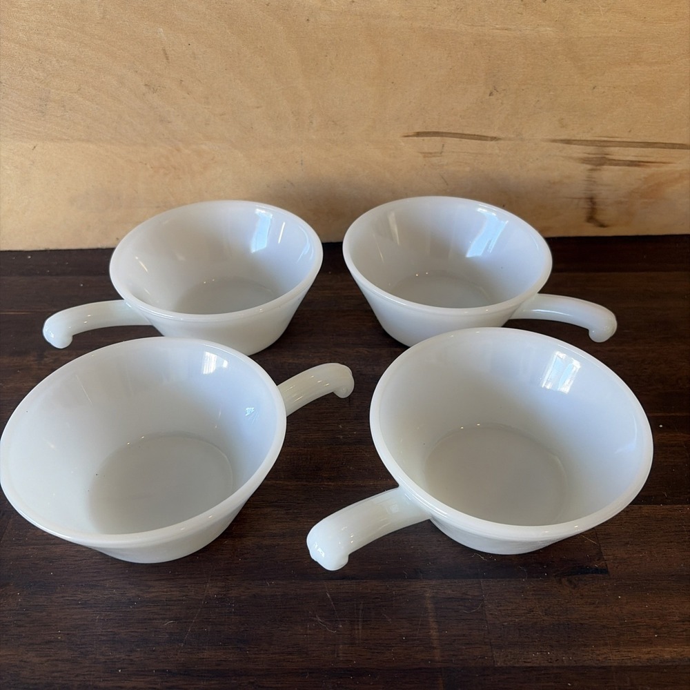 Vintage Fire King Glasbake Set Of 4 White Milk Glass Handled Bowls Soup Bowls